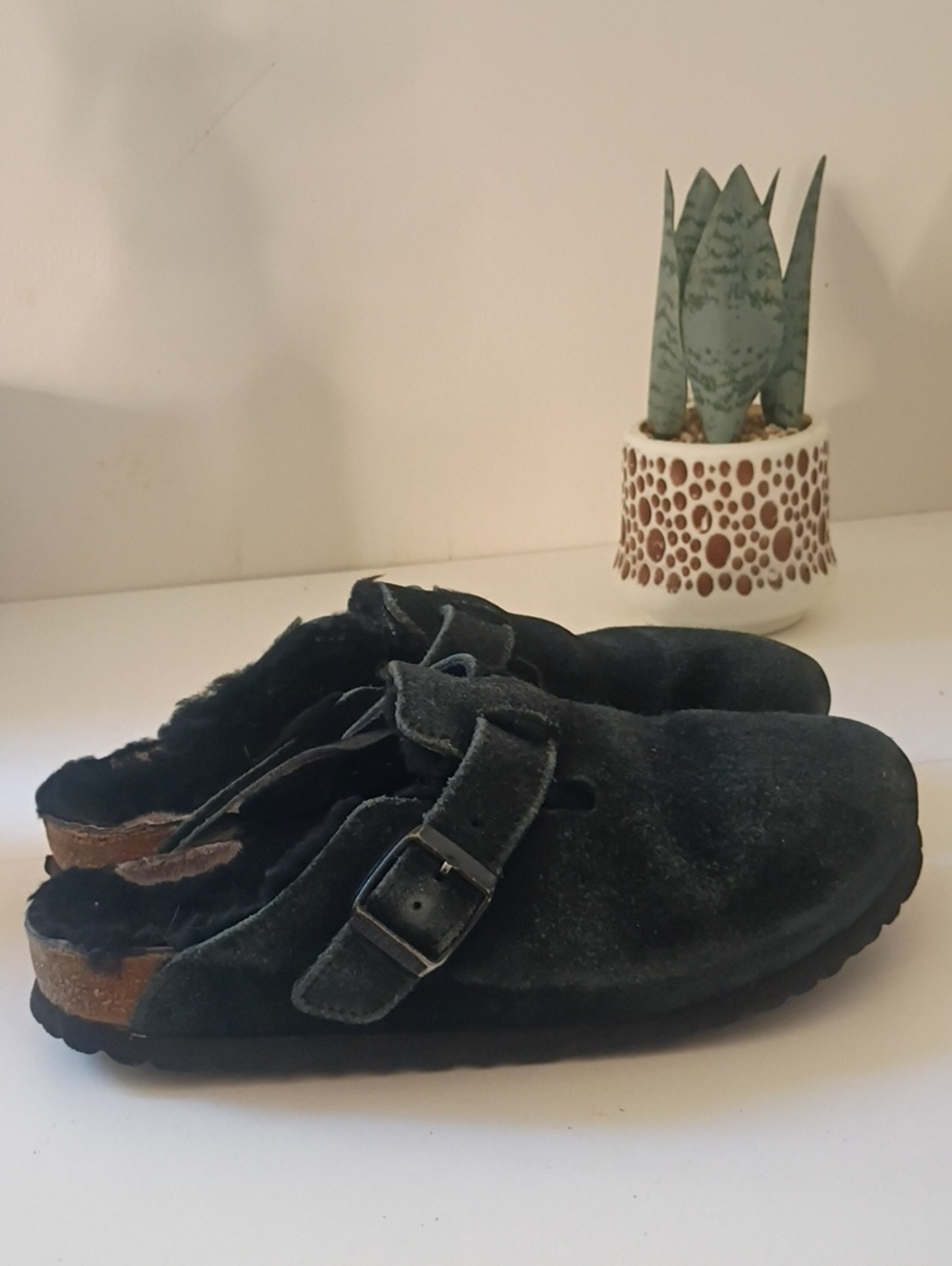 Birkenstock Boston Shearling Clogs Black Suede Leather Size 37 US Women's 6-6.5